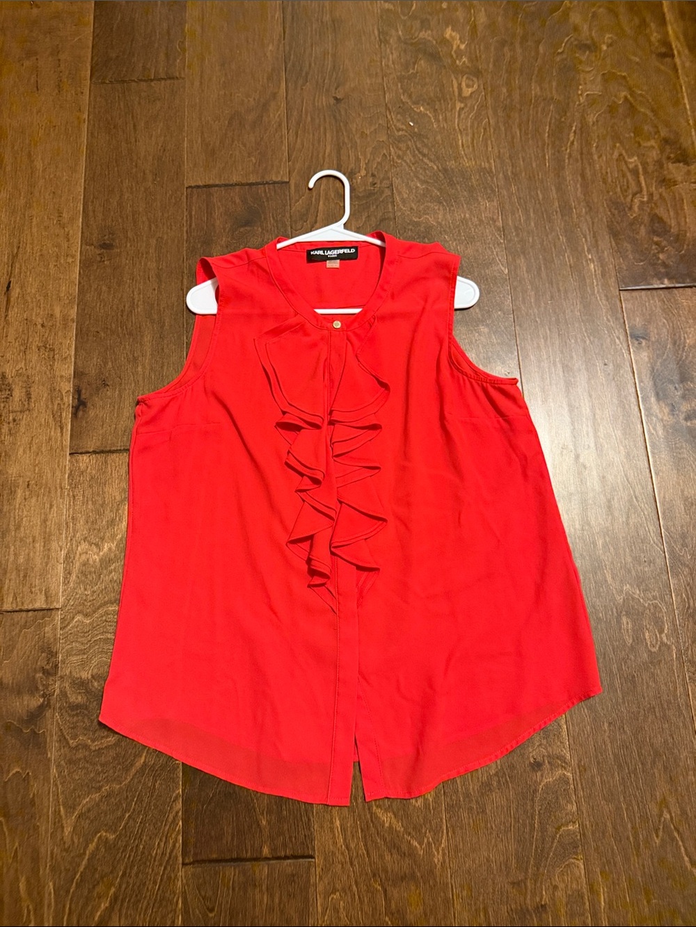 Karl Lagerfeld Red Sleeveless Ruffle-Front Blouse